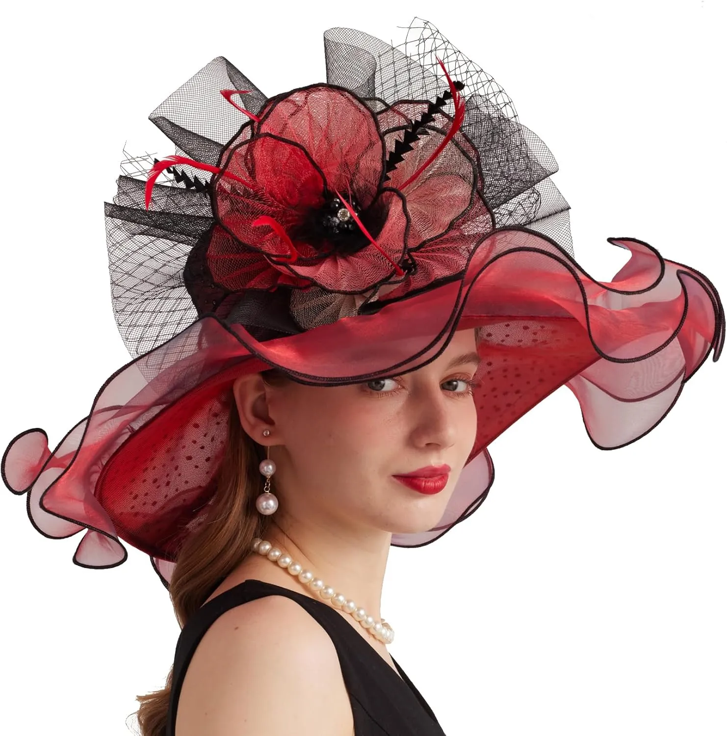 Women Elegant Organza Derby Hat Wide Brim Sun Hats for Wedding Tea Party Fascinator Hat