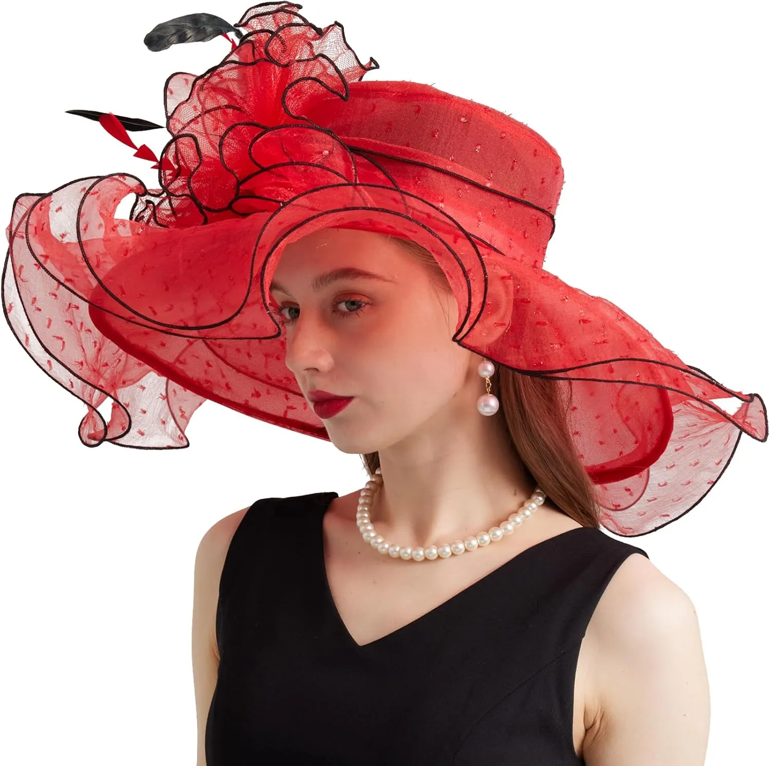 Women Elegant Organza Derby Hat Wide Brim Sun Hats for Wedding Tea Party Fascinator Hat