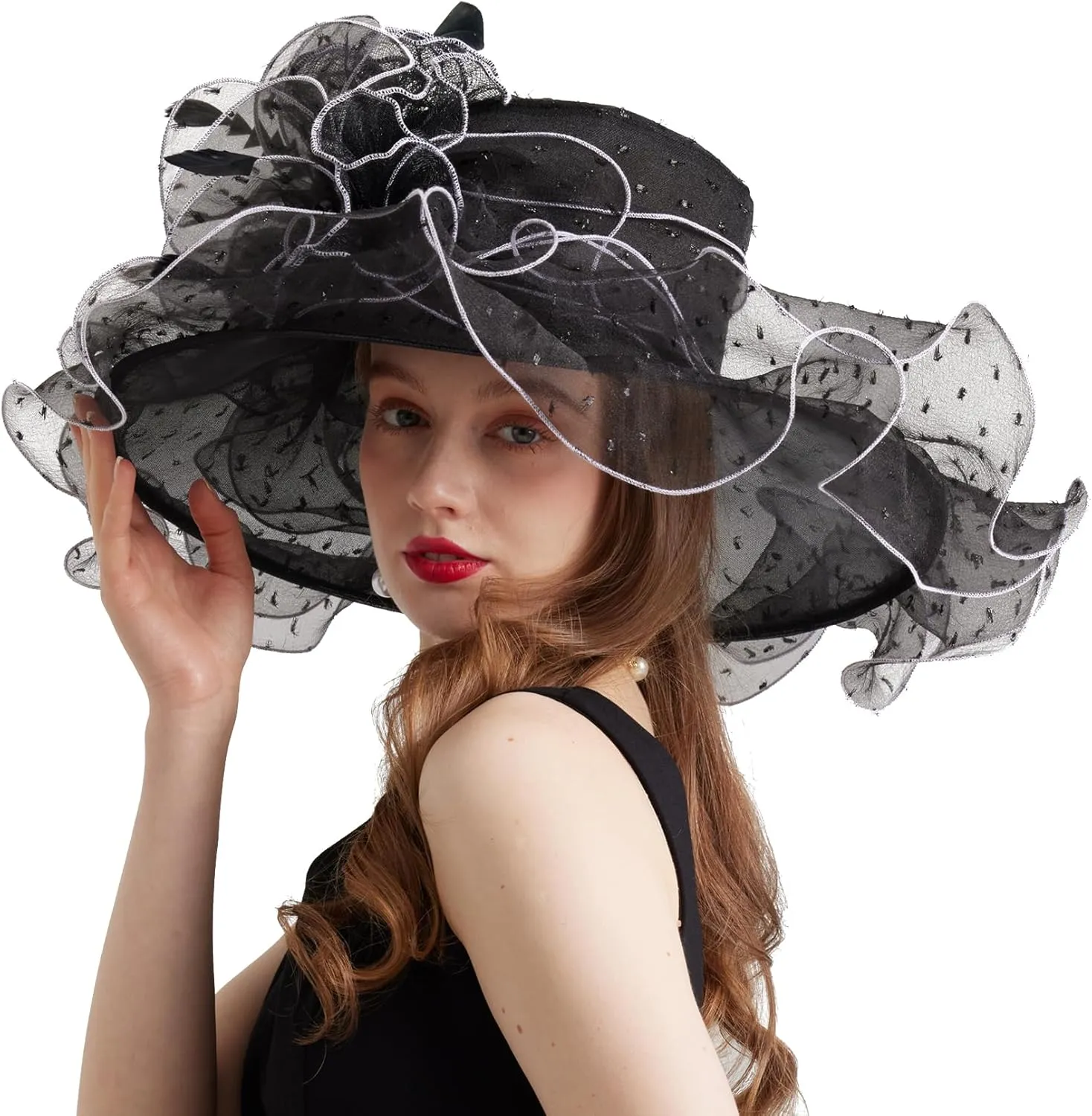 Women Elegant Organza Derby Hat Wide Brim Sun Hats for Wedding Tea Party Fascinator Hat
