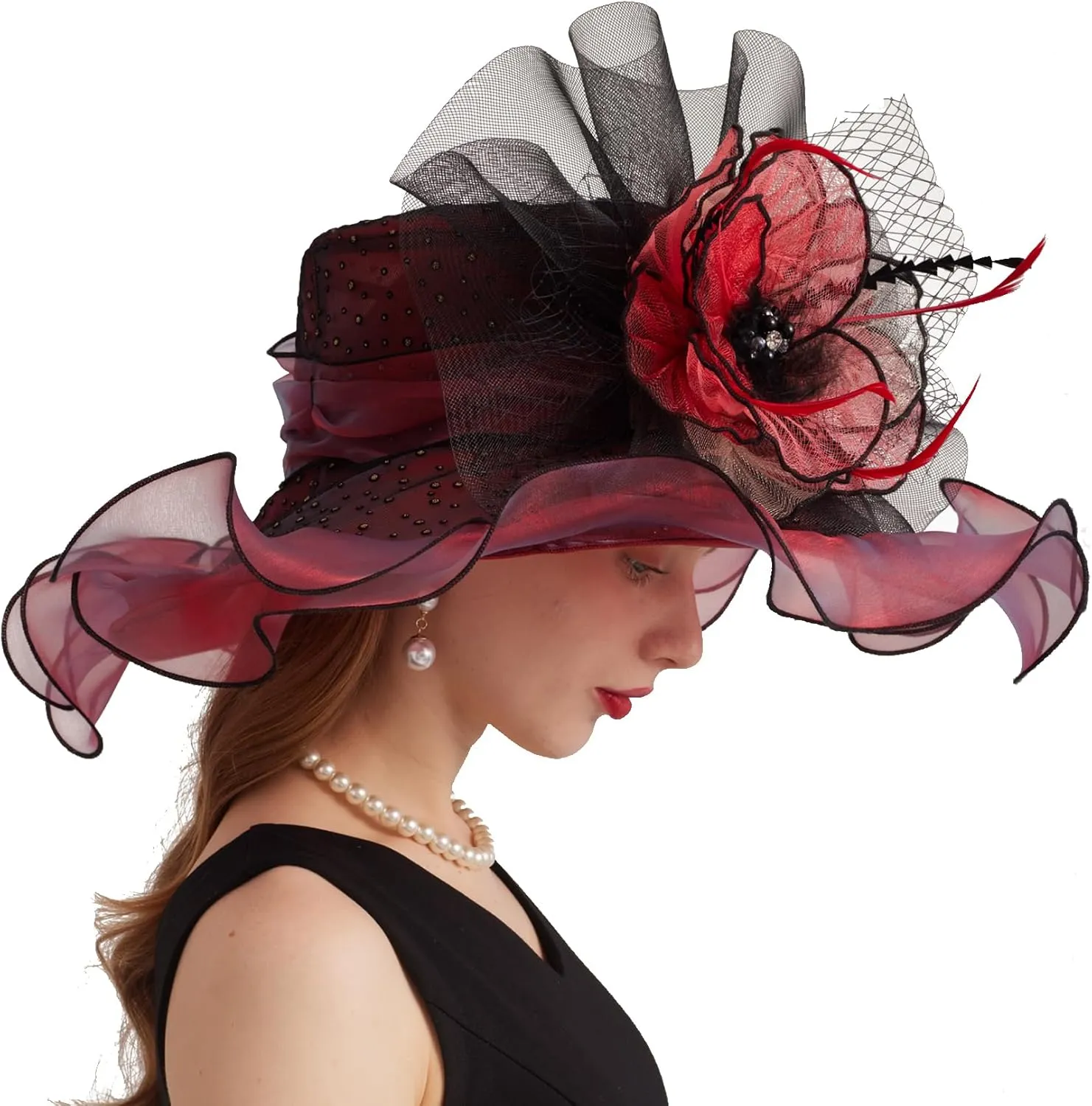 Women Elegant Organza Derby Hat Wide Brim Sun Hats for Wedding Tea Party Fascinator Hat
