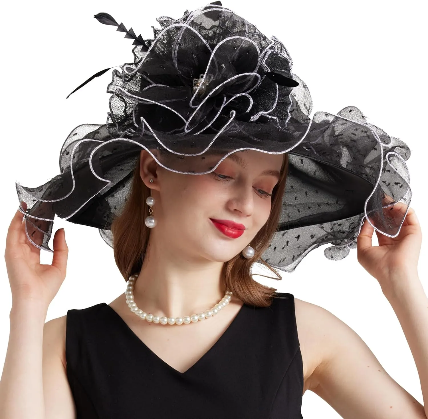 Women Elegant Organza Derby Hat Wide Brim Sun Hats for Wedding Tea Party Fascinator Hat