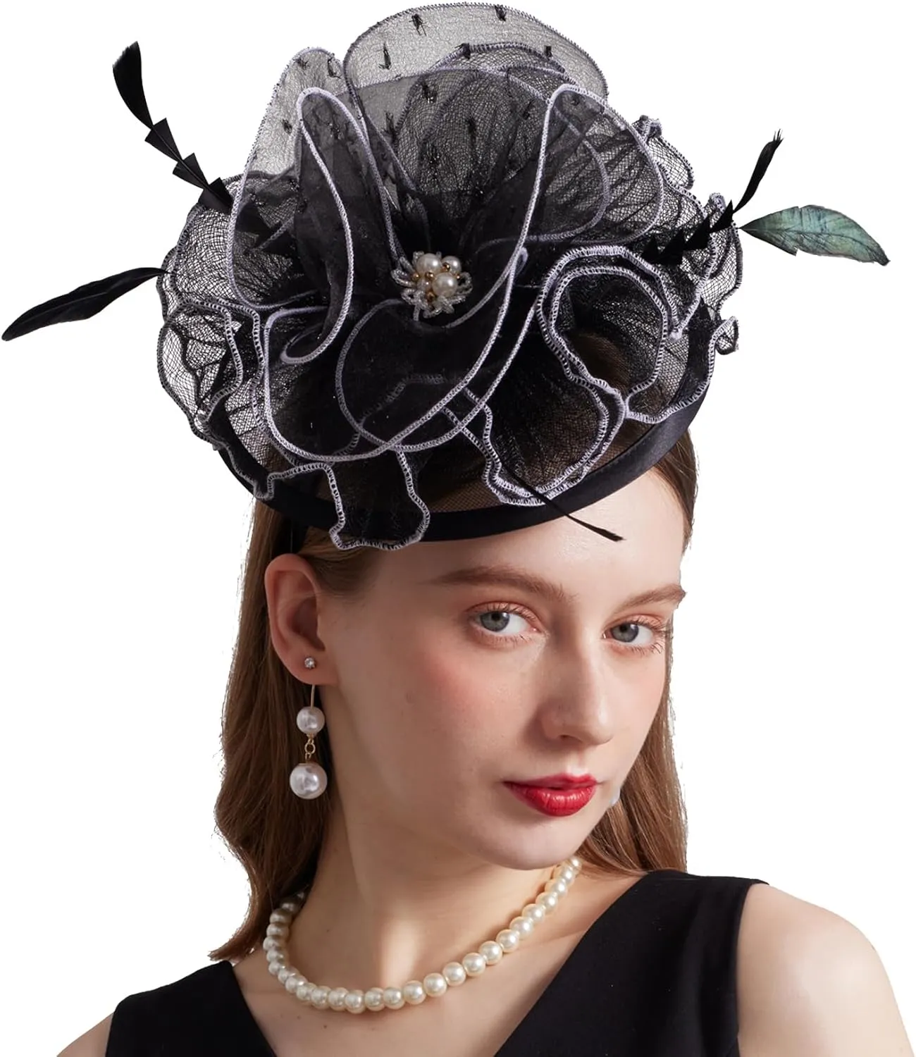 Women Elegant Organza Derby Hat Wide Brim Sun Hats for Wedding Tea Party Fascinator Hat