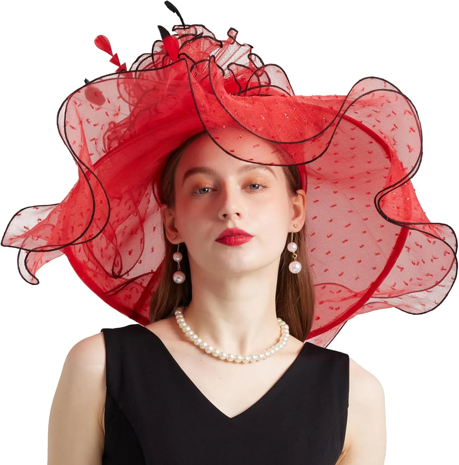 Women Elegant Organza Derby Hat Wide Brim Sun Hats for Wedding Tea Party Fascinator Hat