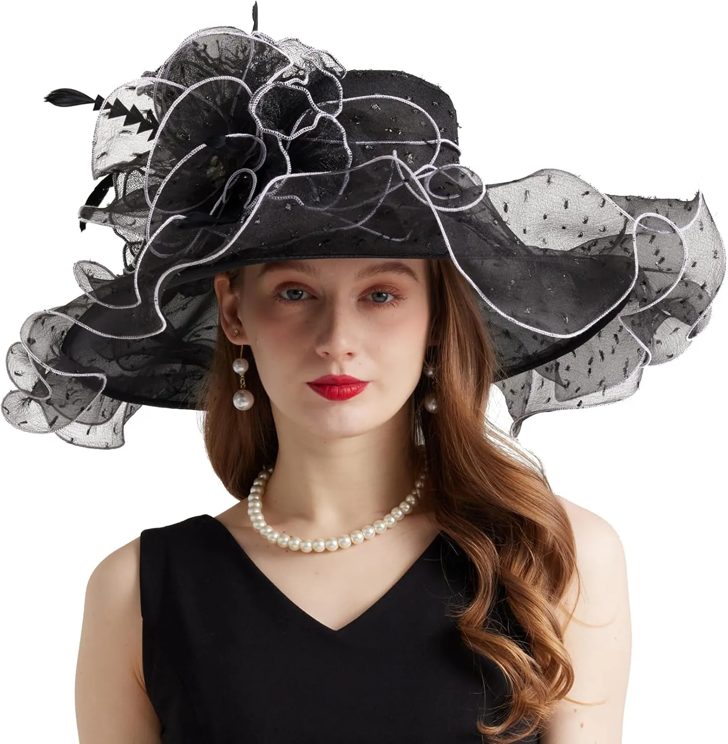 Women Elegant Organza Derby Hat Wide Brim Sun Hats for Wedding Tea Party Fascinator Hat