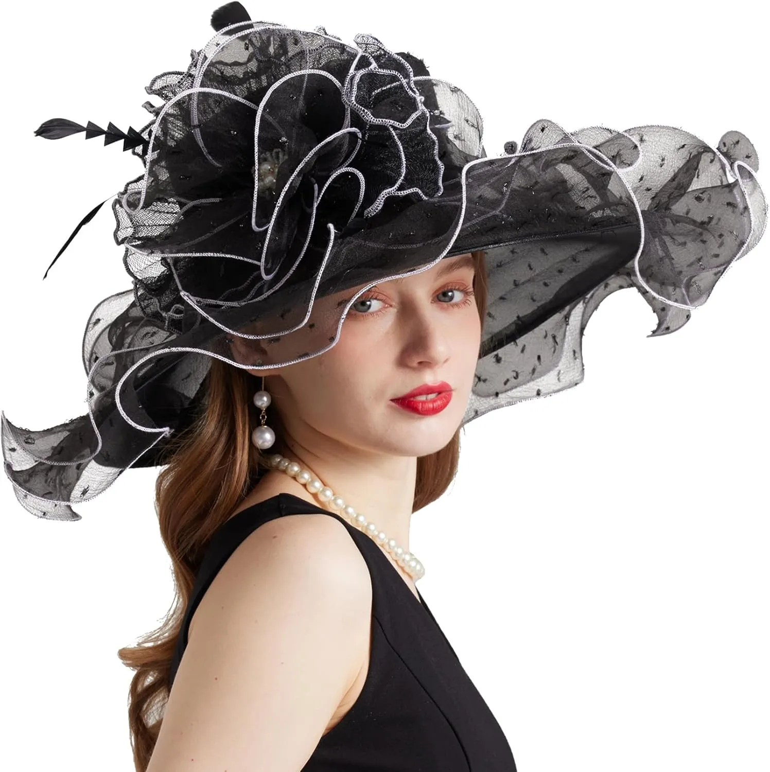 Women Elegant Organza Derby Hat Wide Brim Sun Hats for Wedding Tea Party Fascinator Hat
