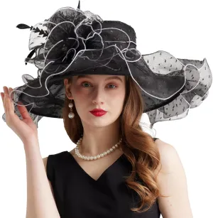 Women Elegant Organza Derby Hat Wide Brim Sun Hats for Wedding Tea Party Fascinator Hat