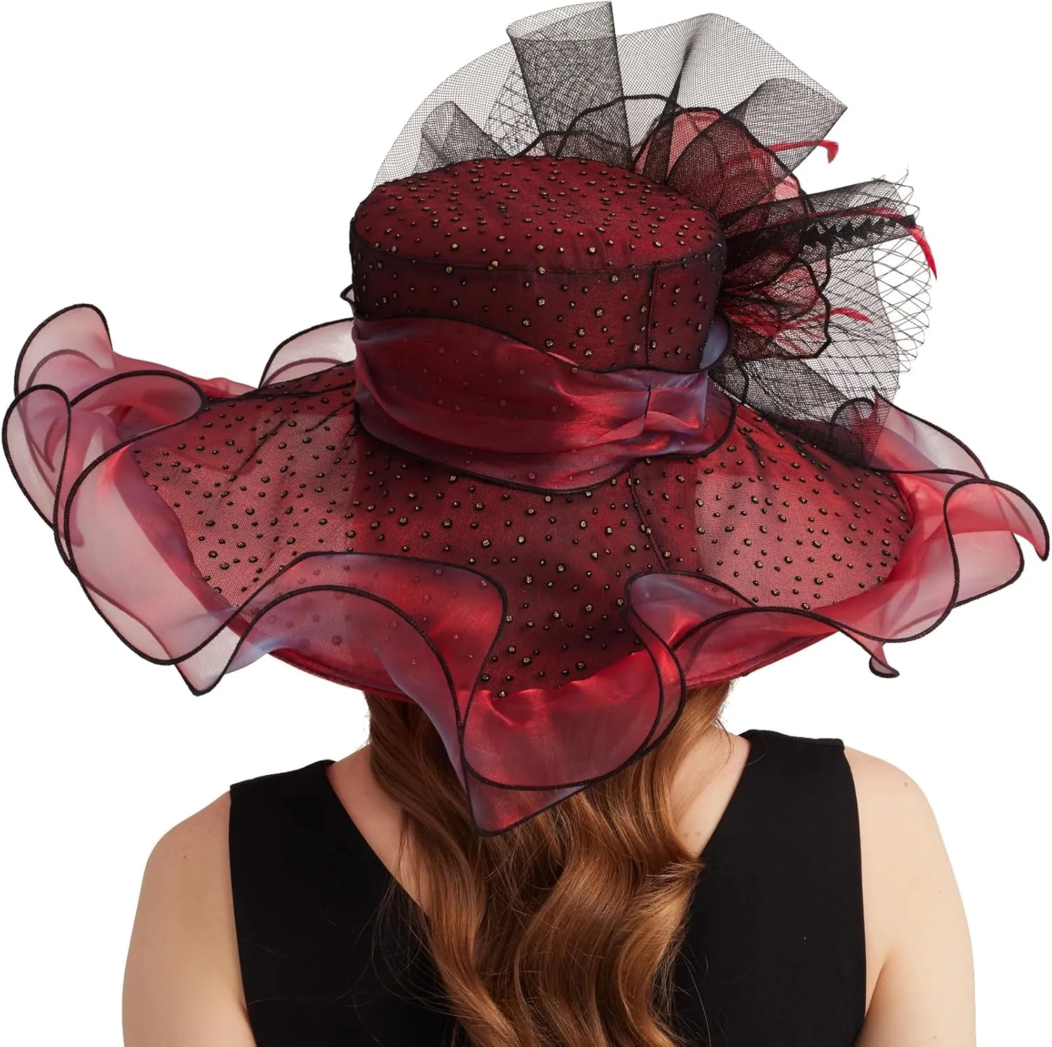 Women Elegant Organza Derby Hat Wide Brim Sun Hats for Wedding Tea Party Fascinator Hat
