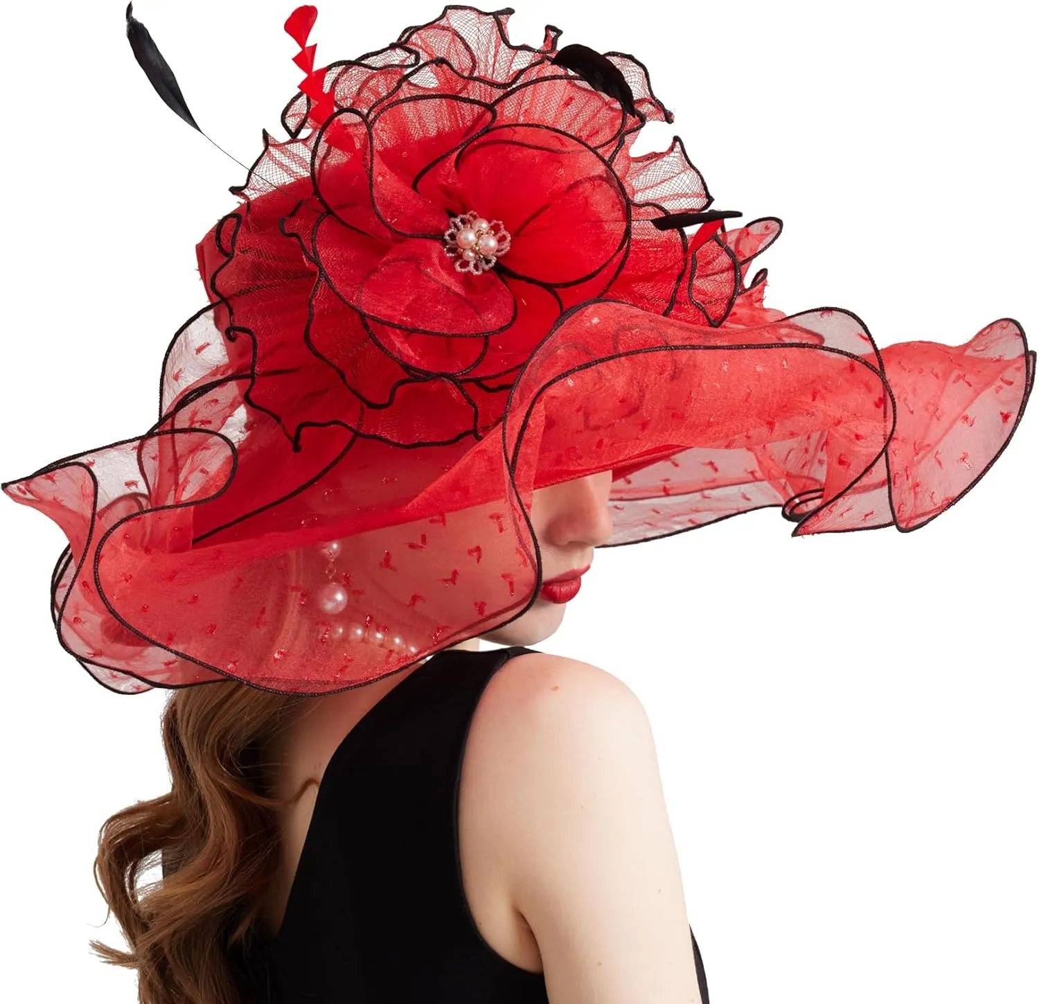 Women Elegant Organza Derby Hat Wide Brim Sun Hats for Wedding Tea Party Fascinator Hat