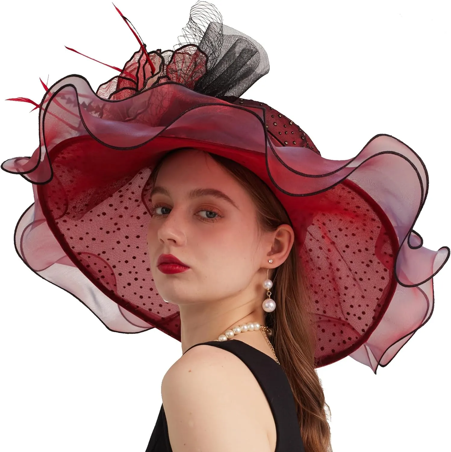 Women Elegant Organza Derby Hat Wide Brim Sun Hats for Wedding Tea Party Fascinator Hat