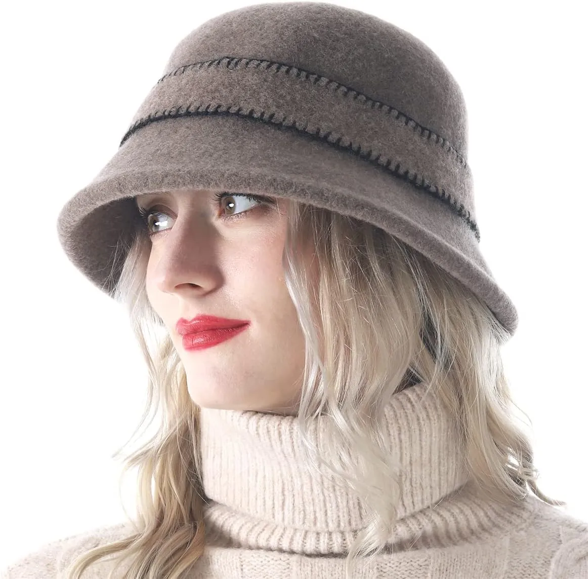Women Elegant Winter Wool Bucket Hat 1920s Vintage Cloche Bowler Hats