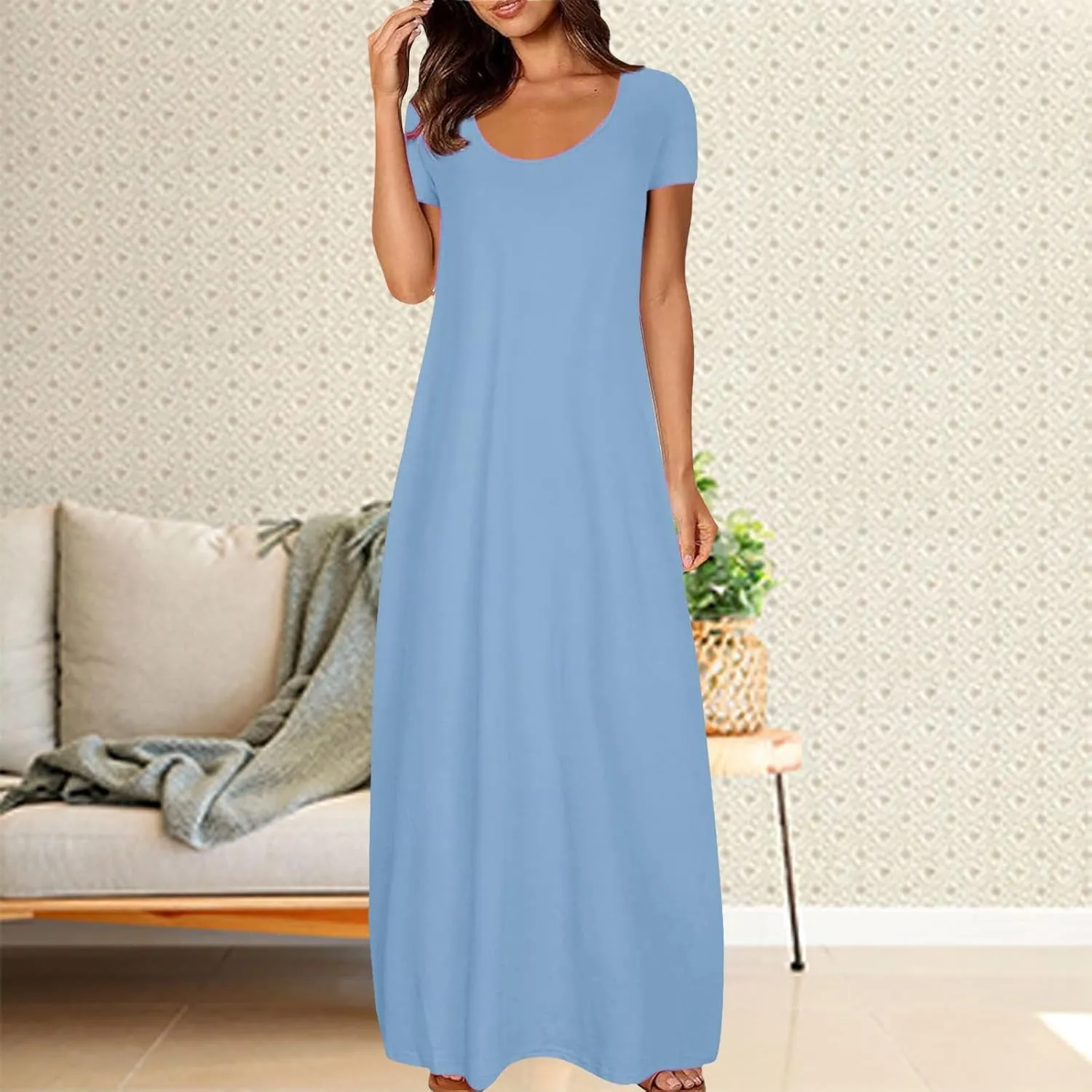 Women Eyelet Boho Maxi Dress 2025 Vacation Short Sleeve Sundress Round Neck Summer Casual Beach Flowy Long Dress