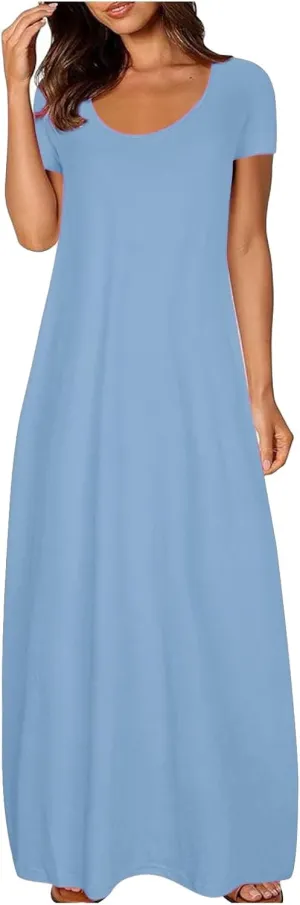 Women Eyelet Boho Maxi Dress 2025 Vacation Short Sleeve Sundress Round Neck Summer Casual Beach Flowy Long Dress