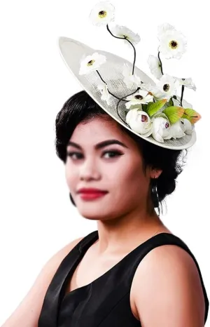 Women Fancy Derby Fascinator Headwear Wedding Hats Millinery with Flower White Net Hair Accessories for Bridal Gril