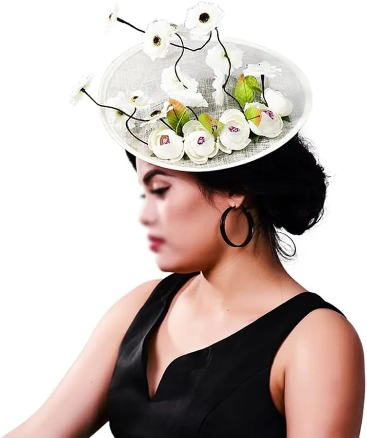 Women Fancy Derby Fascinator Headwear Wedding Hats Millinery with Flower White Net Hair Accessories for Bridal Gril