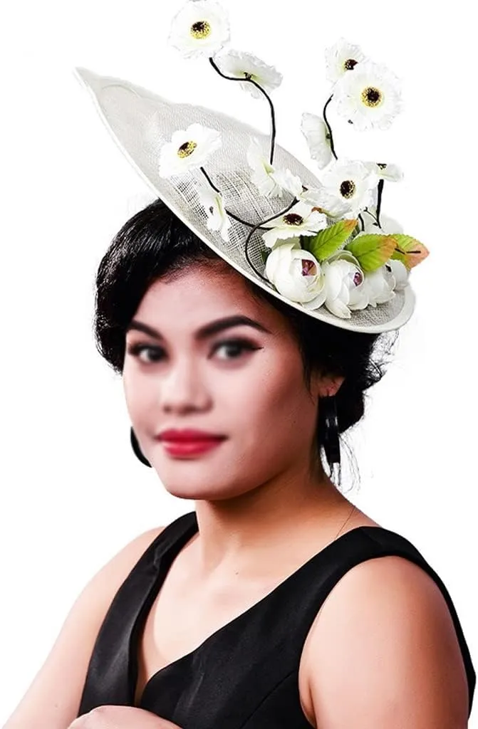 Women Fancy Derby Fascinator Headwear Wedding Hats Millinery with Flower White Net Hair Accessories for Bridal Gril