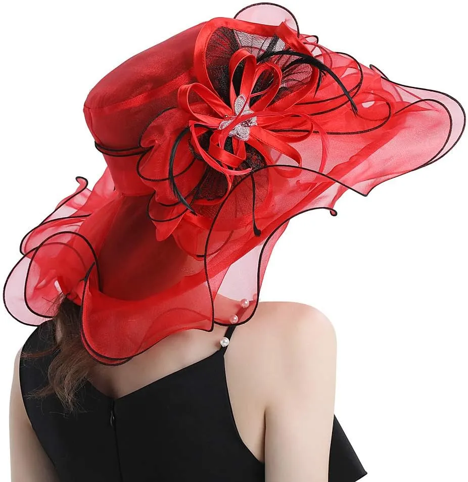 Women Hats Organza Butterfly Decoration Wide Brim Occasion Event Derby Church Dress Sun Hat