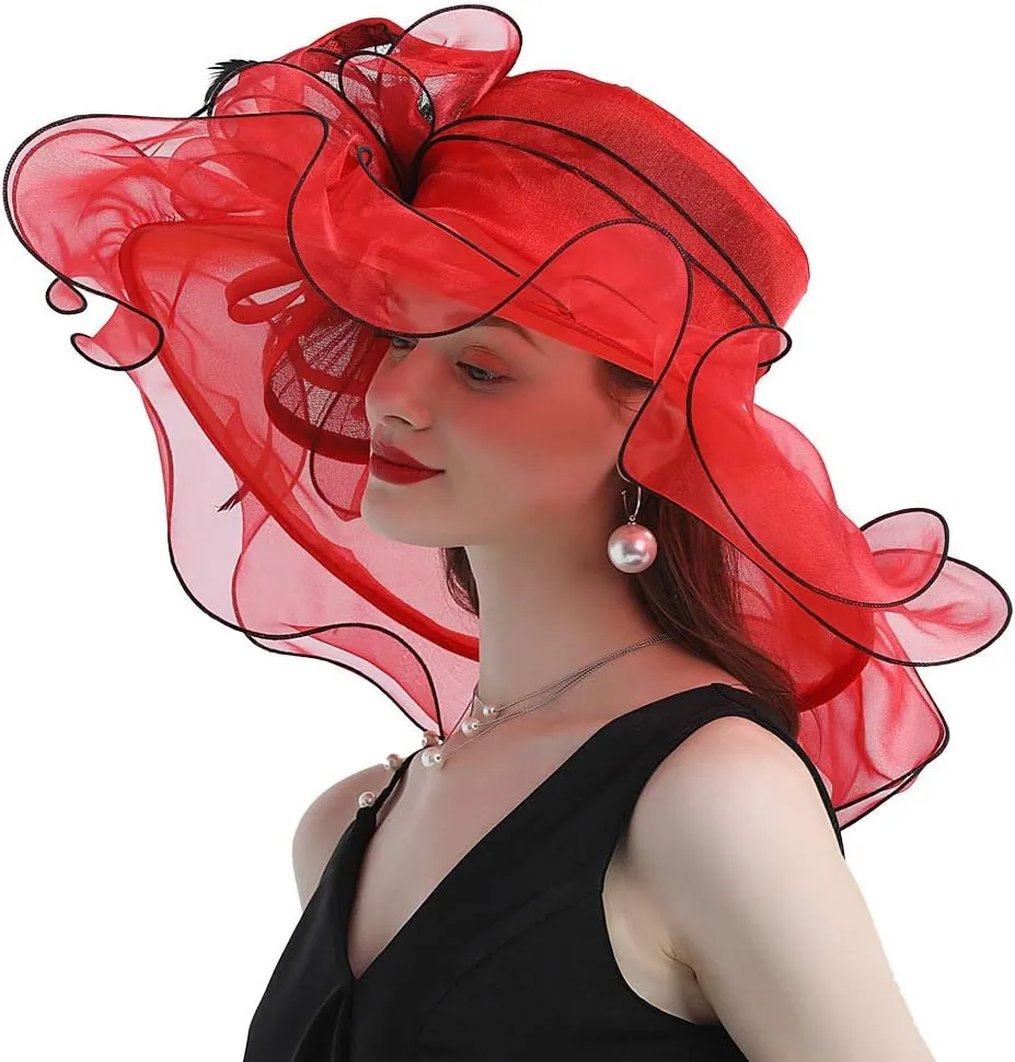 Women Hats Organza Butterfly Decoration Wide Brim Occasion Event Derby Church Dress Sun Hat