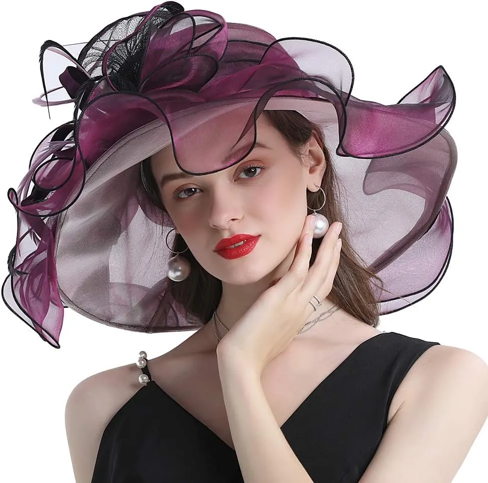 Women Hats Organza Butterfly Decoration Wide Brim Occasion Event Derby Church Dress Sun Hat