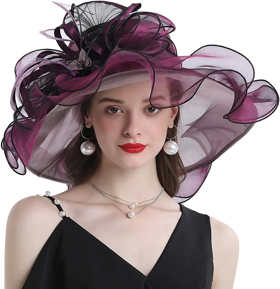 Women Hats Organza Butterfly Decoration Wide Brim Occasion Event Derby Church Dress Sun Hat