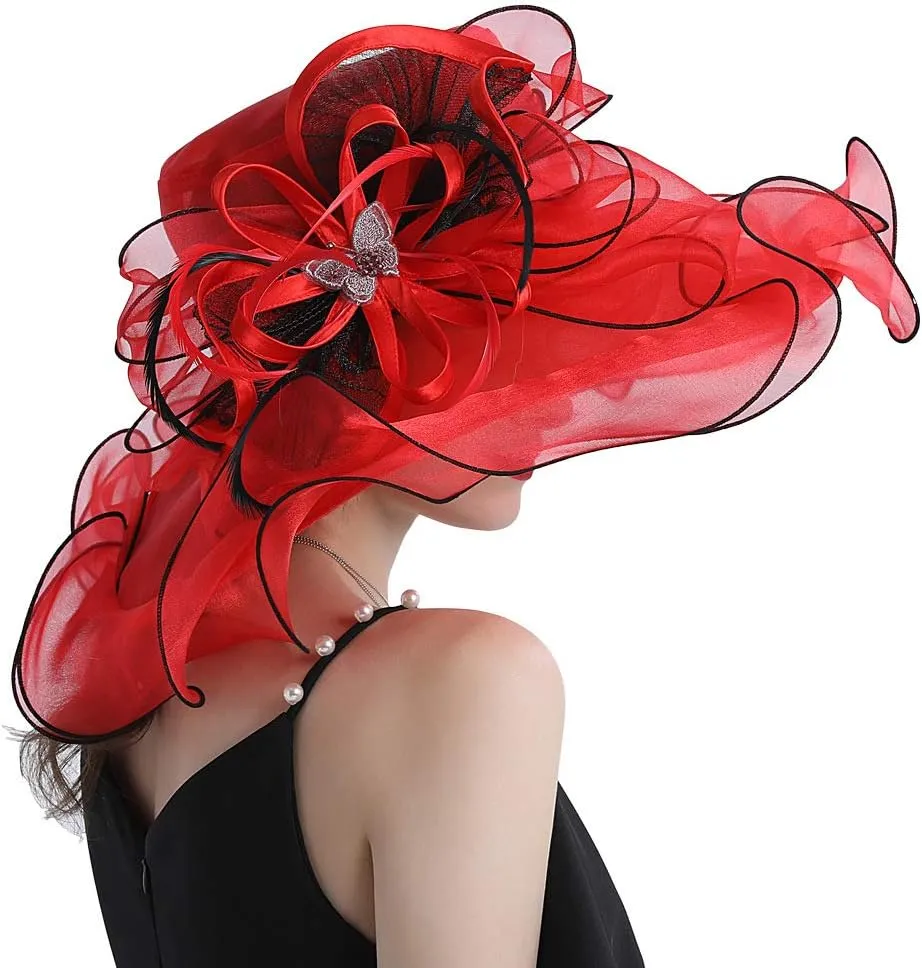 Women Hats Organza Butterfly Decoration Wide Brim Occasion Event Derby Church Dress Sun Hat