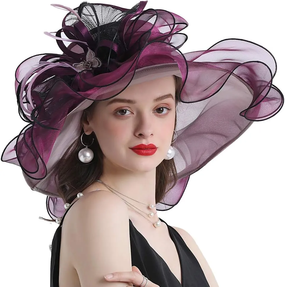 Women Hats Organza Butterfly Decoration Wide Brim Occasion Event Derby Church Dress Sun Hat