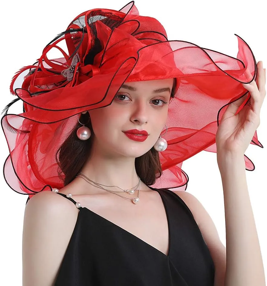Women Hats Organza Butterfly Decoration Wide Brim Occasion Event Derby Church Dress Sun Hat