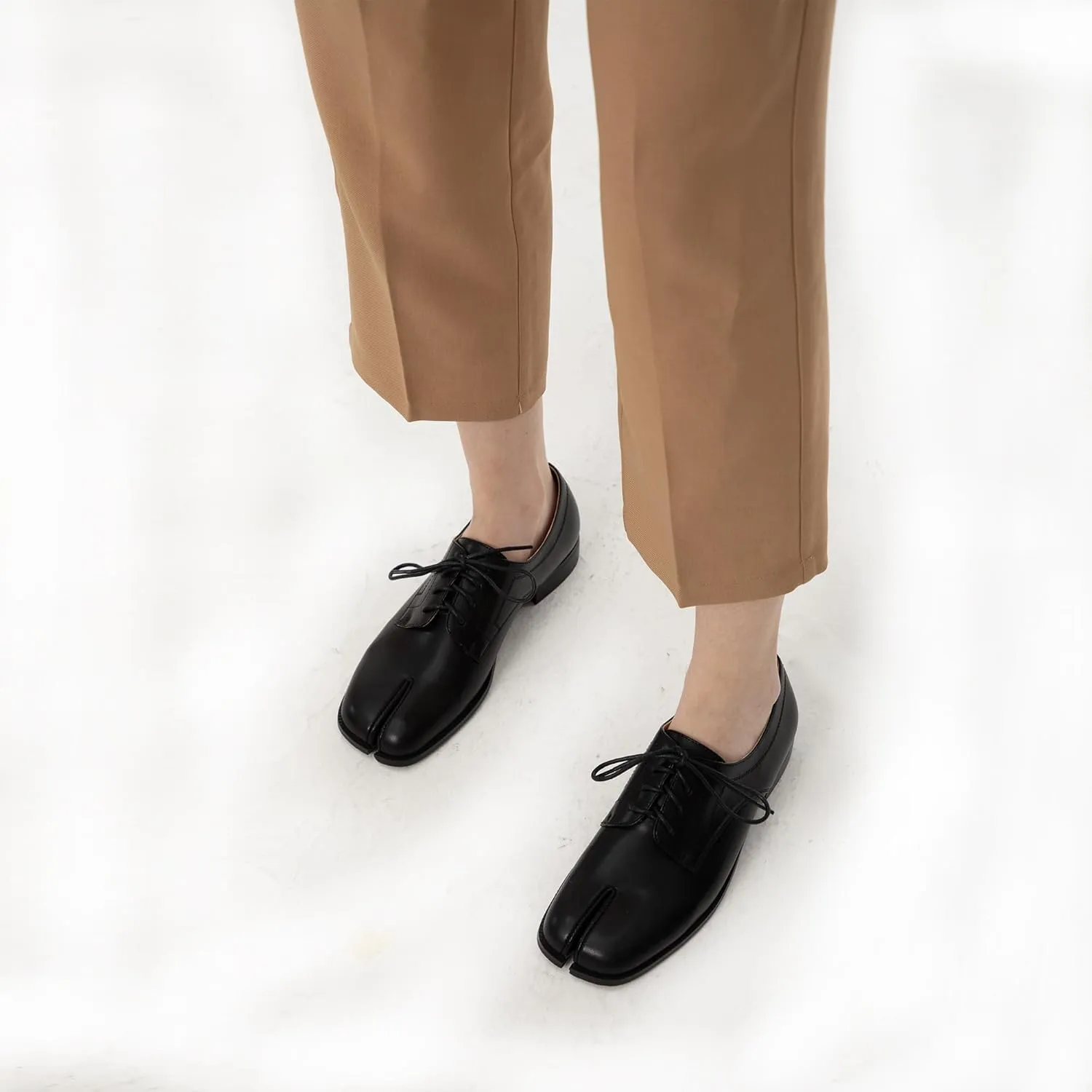 Women Neutral Oxford Shoes Lace-up Handmade Derby Faux Leather Flats Solid Ladies Shoes with Tabi Split Toe
