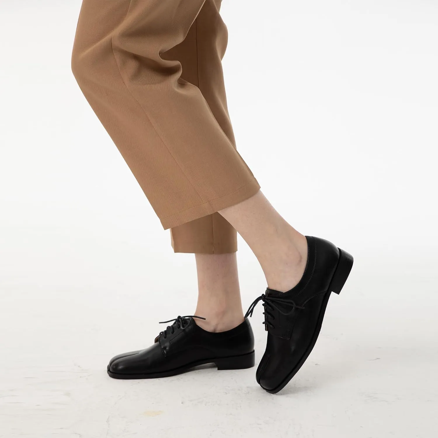Women Neutral Oxford Shoes Lace-up Handmade Derby Faux Leather Flats Solid Ladies Shoes with Tabi Split Toe