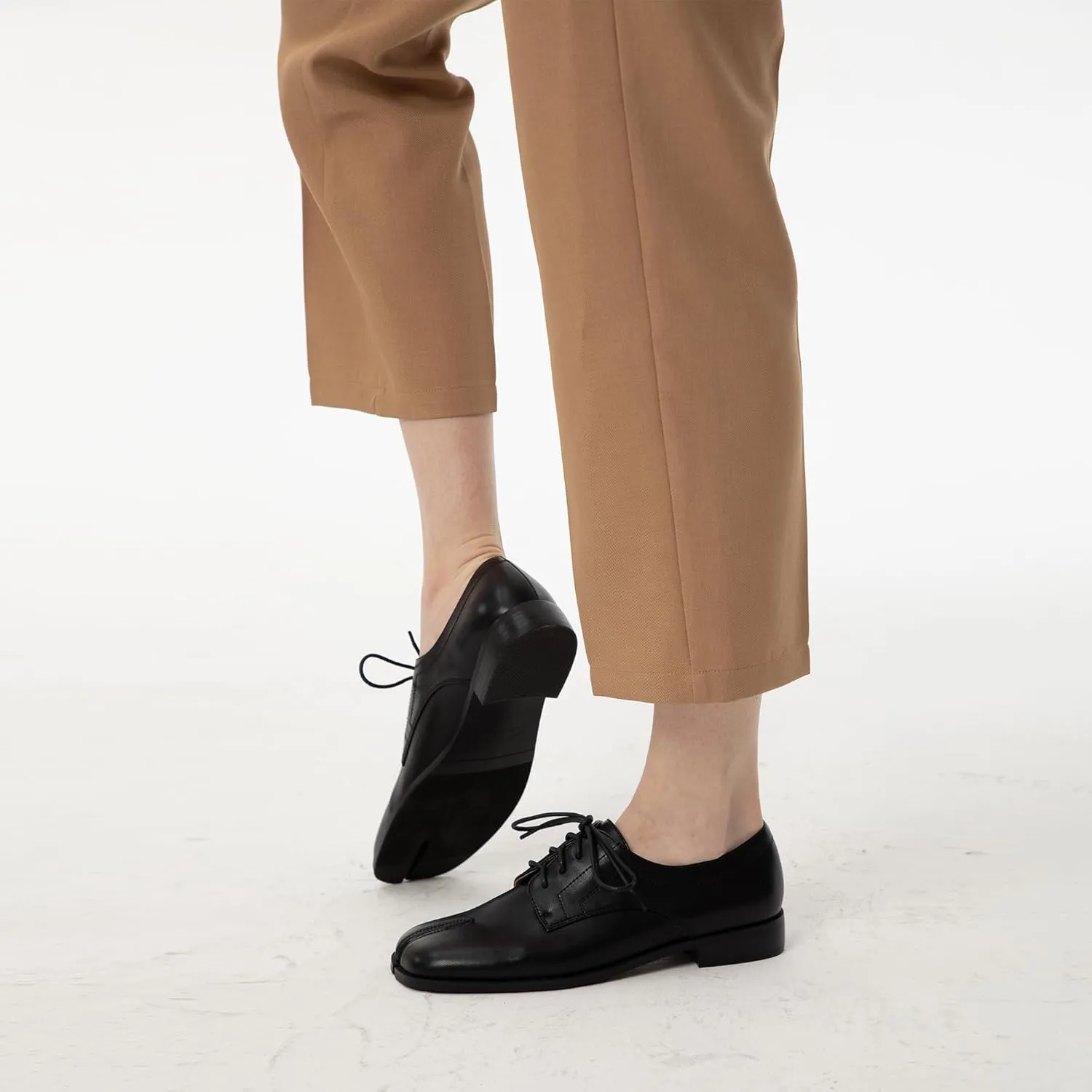 Women Neutral Oxford Shoes Lace-up Handmade Derby Faux Leather Flats Solid Ladies Shoes with Tabi Split Toe