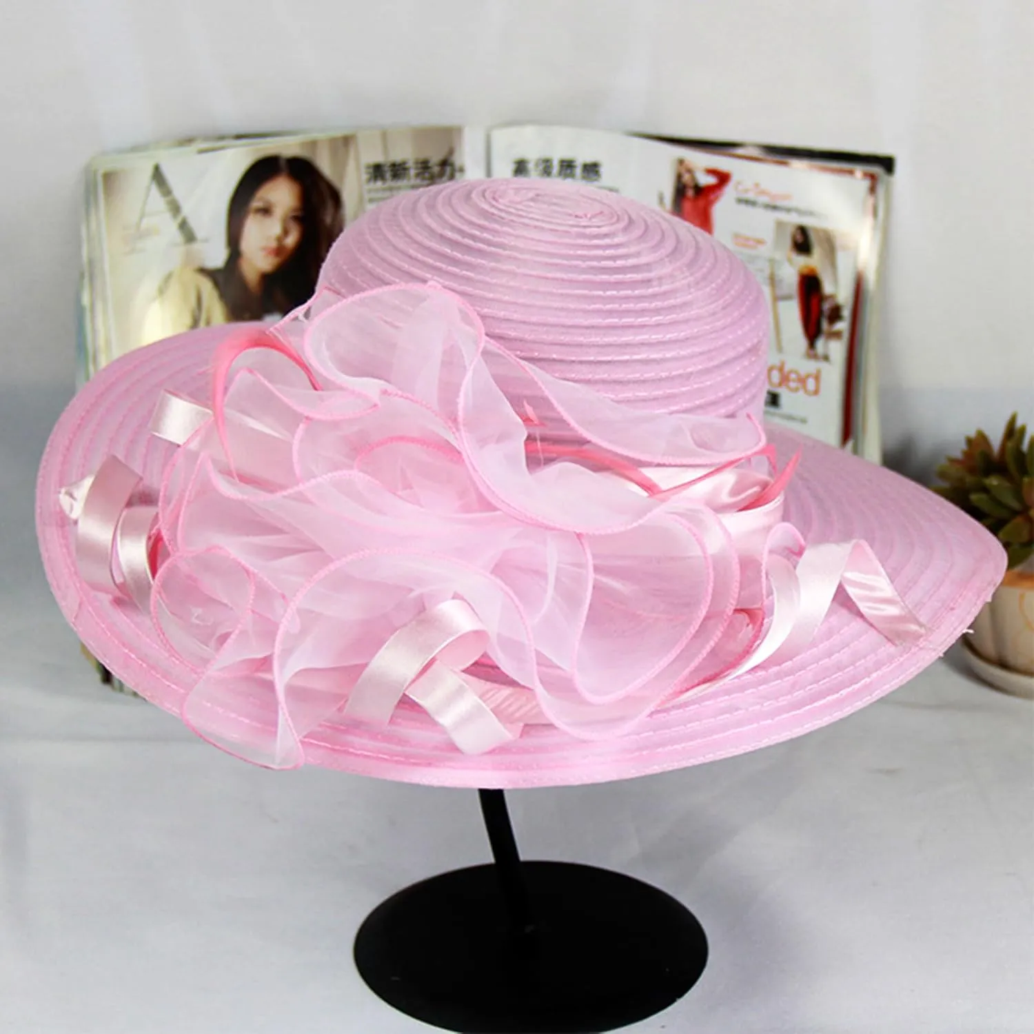 Women Organza Bowler Kentucky Hat Derby Fascinator Hat Tea Party Bridal Wedding Sun Hat
