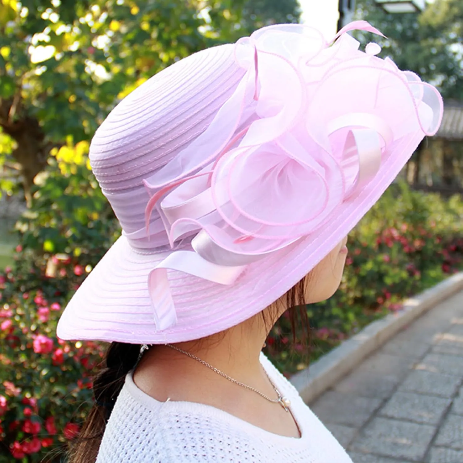 Women Organza Bowler Kentucky Hat Derby Fascinator Hat Tea Party Bridal Wedding Sun Hat