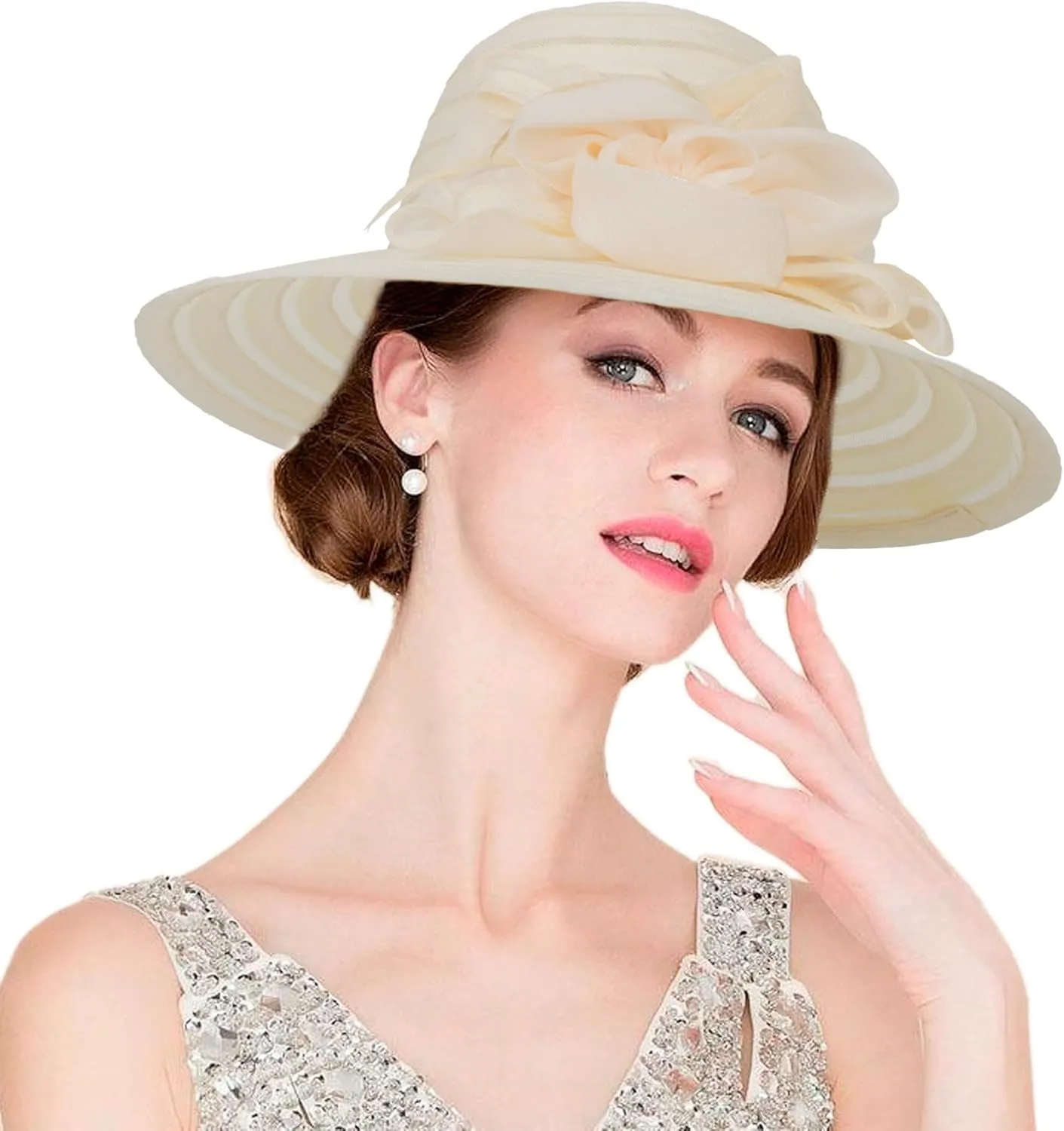 Women-Organza-Kentucky Sun Hats-Summer-Wide-Brim-Flower-Church-Hats for Tea Party Bridal Wedding Dress-Derby Hat