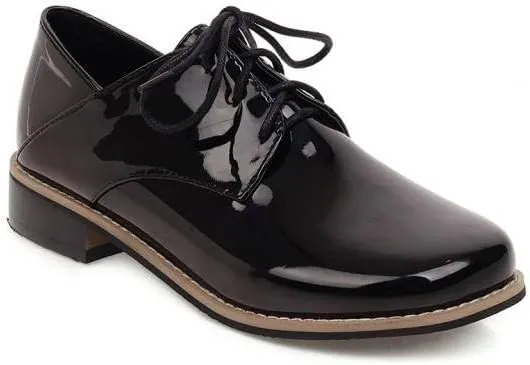 Women Preppy Style Derby Shoes Glossy Patent Leather Low Block Heels