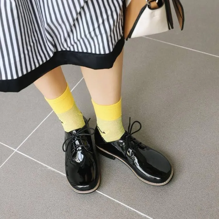 Women Preppy Style Derby Shoes Glossy Patent Leather Low Block Heels