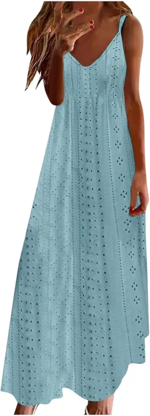 Women Spaghetti Strap A Line Sundress Simple Solid Color Maxi Dress V Neck Loose Casual Summer Dresses