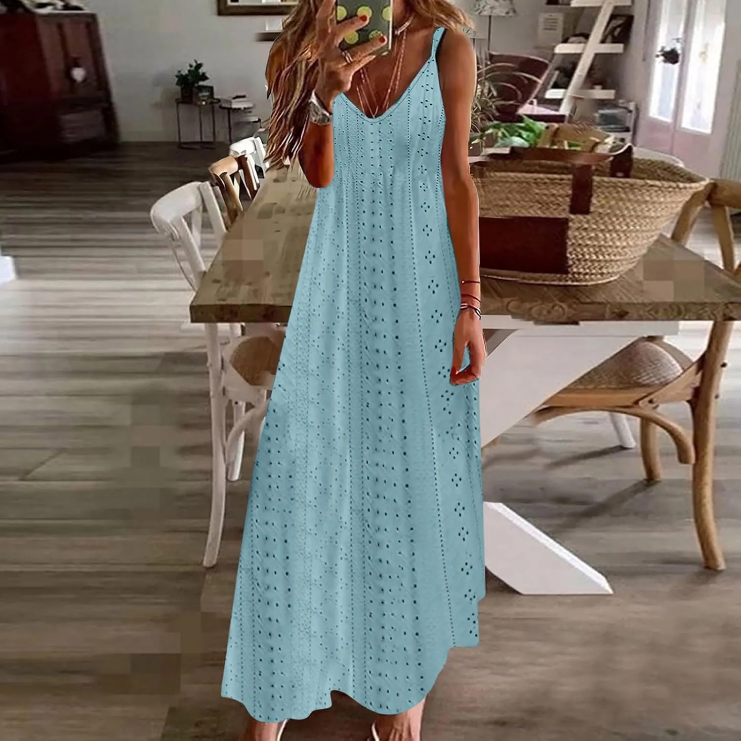 Women Spaghetti Strap A Line Sundress Simple Solid Color Maxi Dress V Neck Loose Casual Summer Dresses