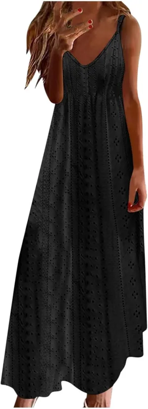 Women Spaghetti Strap A Line Sundress Simple Solid Color Maxi Dress V Neck Loose Casual Summer Dresses