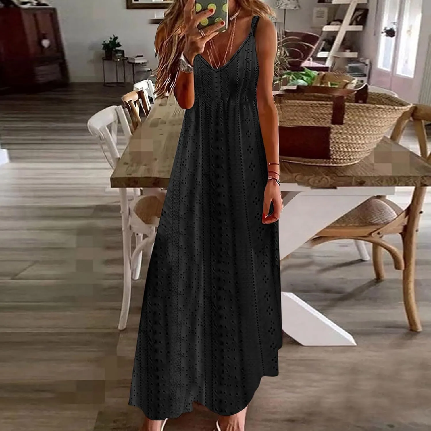 Women Spaghetti Strap A Line Sundress Simple Solid Color Maxi Dress V Neck Loose Casual Summer Dresses