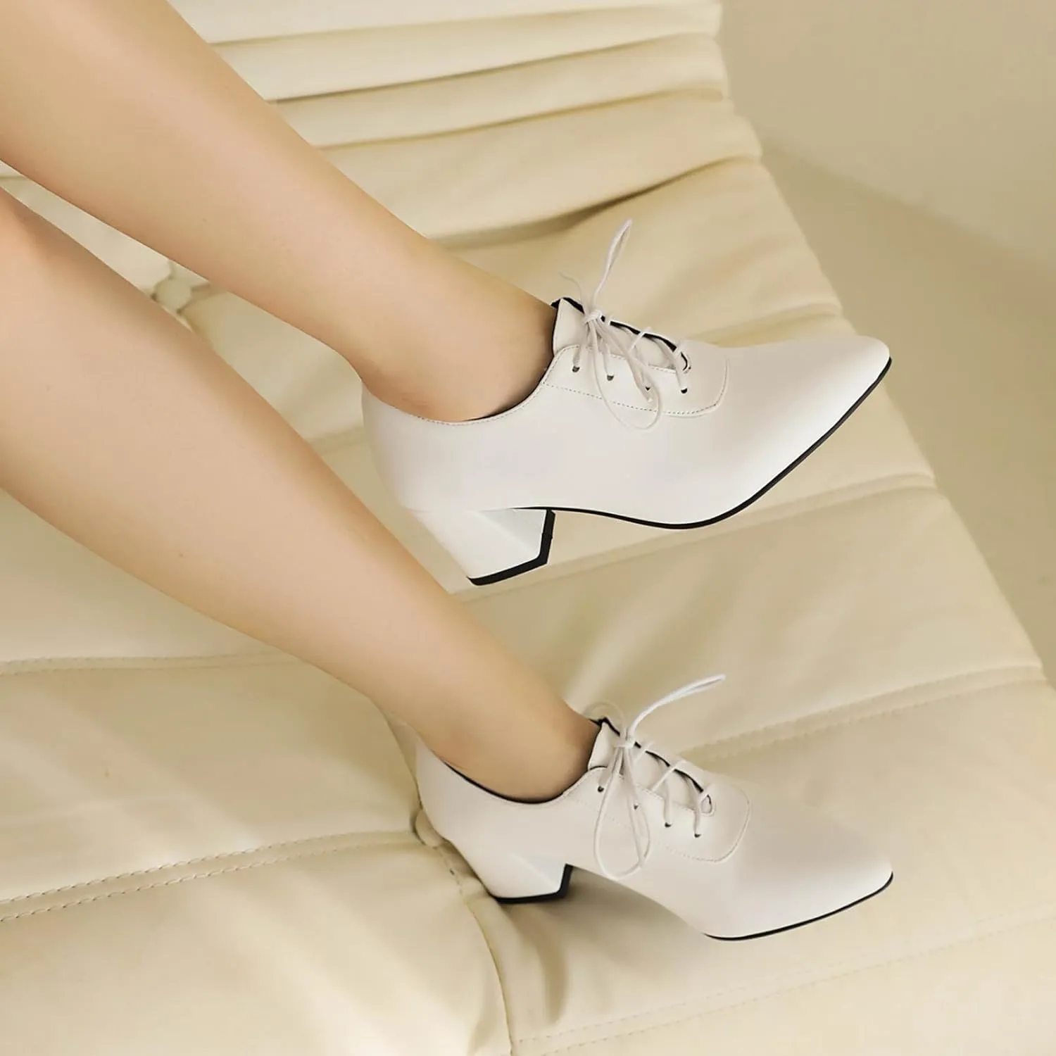 Women Vintage Chunky Heels Oxfords Pointed Toe Brogues Office Shoes