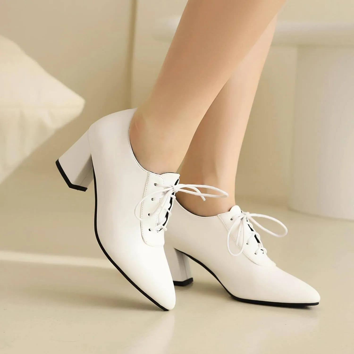 Women Vintage Chunky Heels Oxfords Pointed Toe Brogues Office Shoes