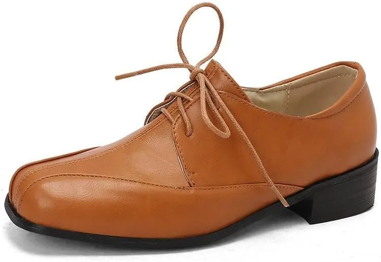Women Vintage Lace Up Derby Shoes Square Toe Low Block Heels