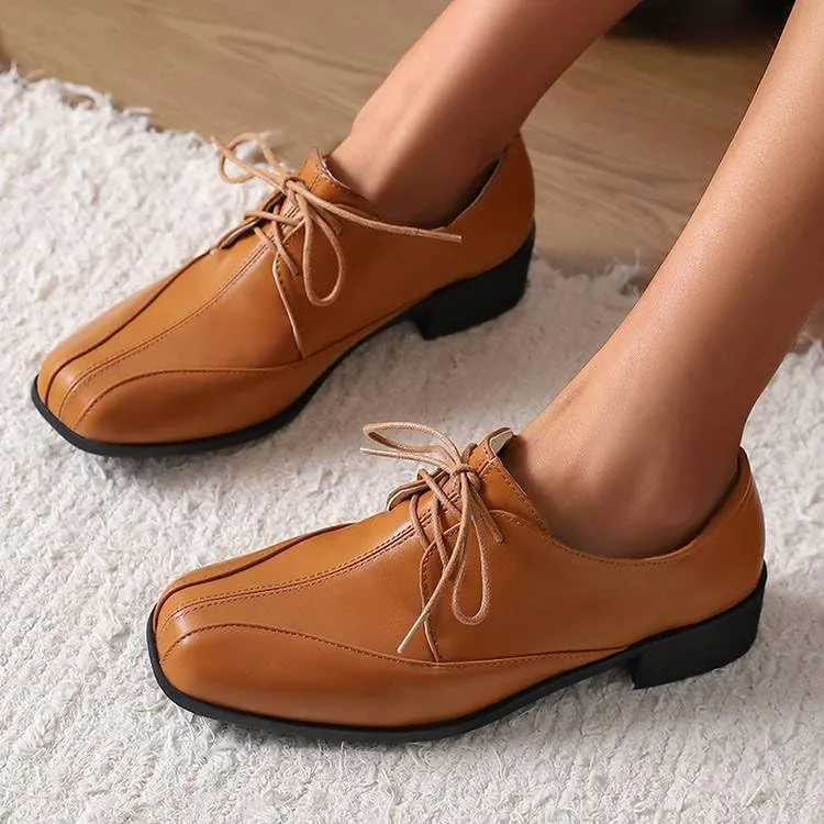 Women Vintage Lace Up Derby Shoes Square Toe Low Block Heels