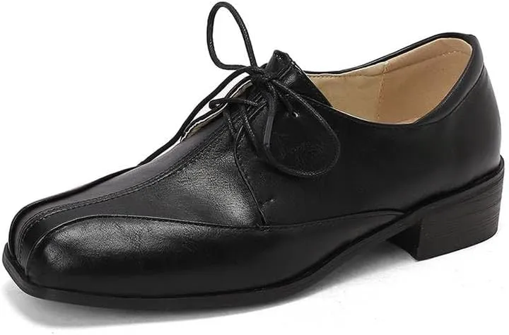 Women Vintage Lace Up Derby Shoes Square Toe Low Block Heels