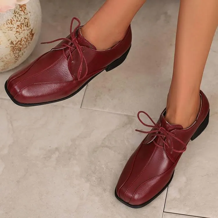 Women Vintage Lace Up Derby Shoes Square Toe Low Block Heels