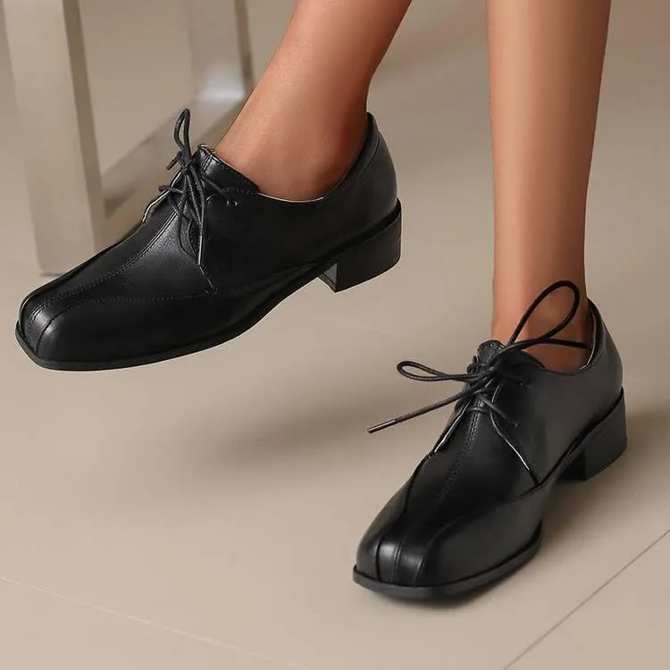 Women Vintage Lace Up Derby Shoes Square Toe Low Block Heels
