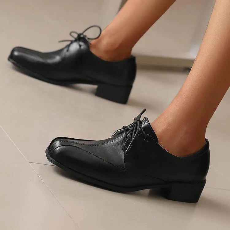 Women Vintage Lace Up Derby Shoes Square Toe Low Block Heels