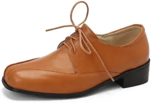 Women Vintage Lace Up Derby Shoes Square Toe Low Block Heels
