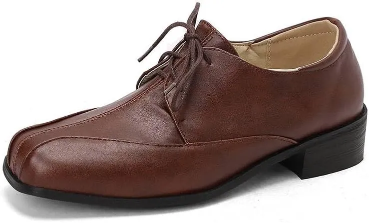Women Vintage Lace Up Derby Shoes Square Toe Low Block Heels