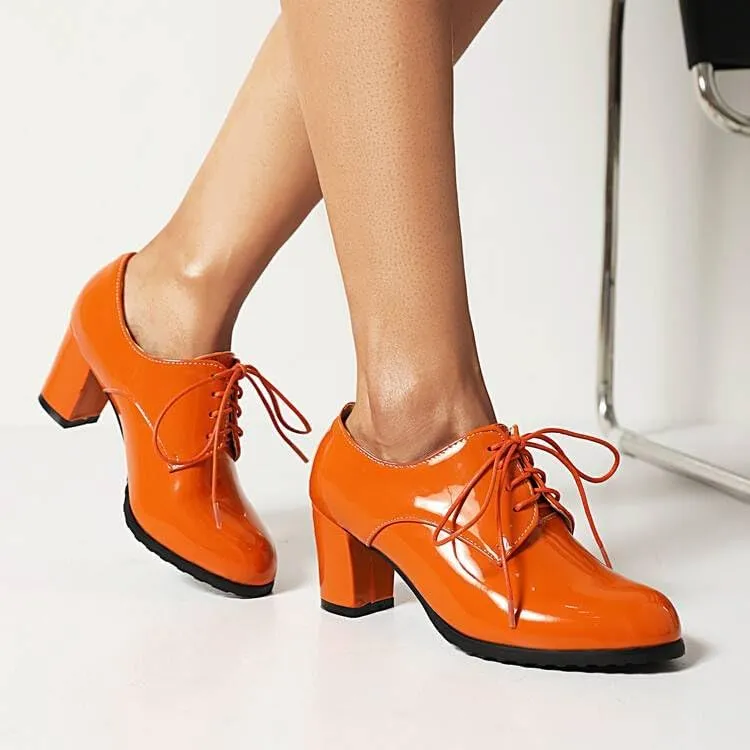Women Vintage Style Lace Up Derby Shoes Glossy Patent Round Toe High Block Heels