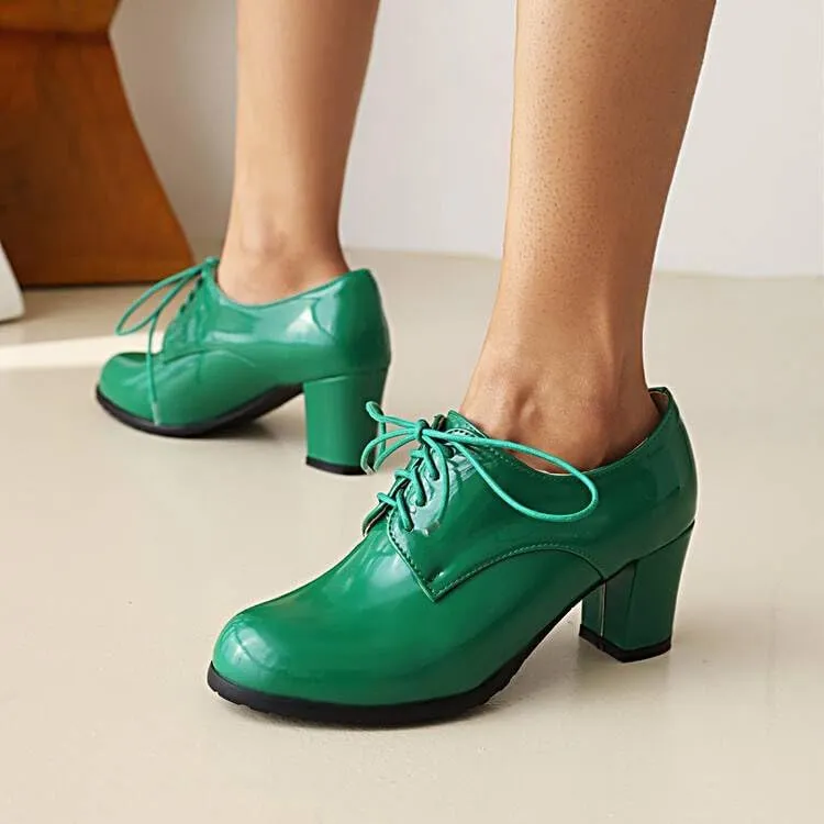 Women Vintage Style Lace Up Derby Shoes Glossy Patent Round Toe High Block Heels